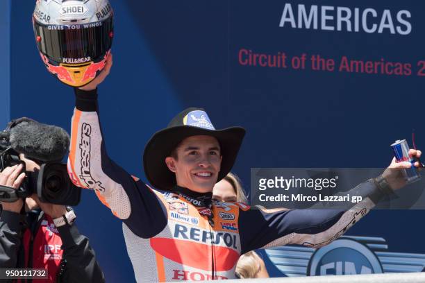 Marc Marquez of Spain and Repsol Honda Team celebrates the MotoGP victory on the podium at the end of the MotoGP race during the MotoGp Red Bull U.S....