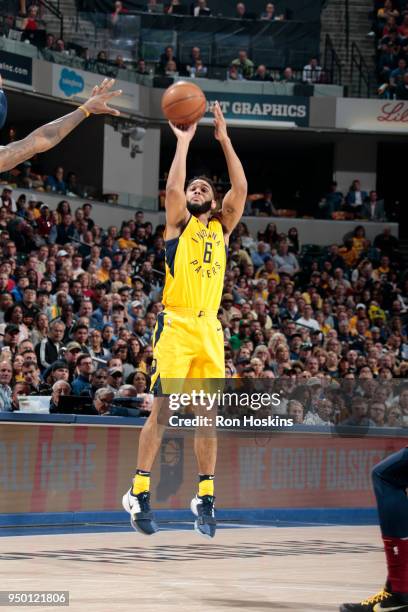 Cory Joseph of the Indiana Pacers shoots the ball against the Cleveland Cavaliers in Game Four of Round One of the 2018 NBA Playoffs on April 22,...