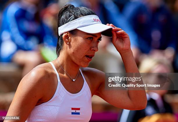 Veronica Cepede of Paraguay in action during the match againts Garbine Muguruza of Spainduring day two of the Fed Cup by BNP Paribas World Cup Group...