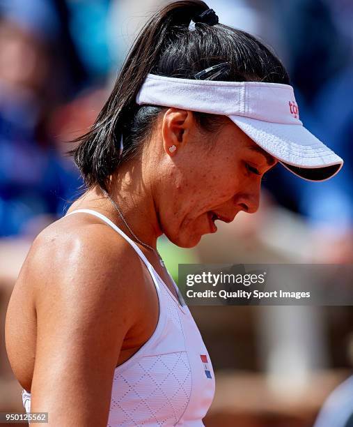 Veronica Cepede of Paraguay in action during the match againts Garbine Muguruza of Spainduring day two of the Fed Cup by BNP Paribas World Cup Group...