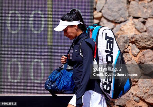 Veronica Cepede of Paraguay arrives on the pitch to play against Garbine Muguruza of Spain during day two of the Fed Cup by BNP Paribas World Cup...
