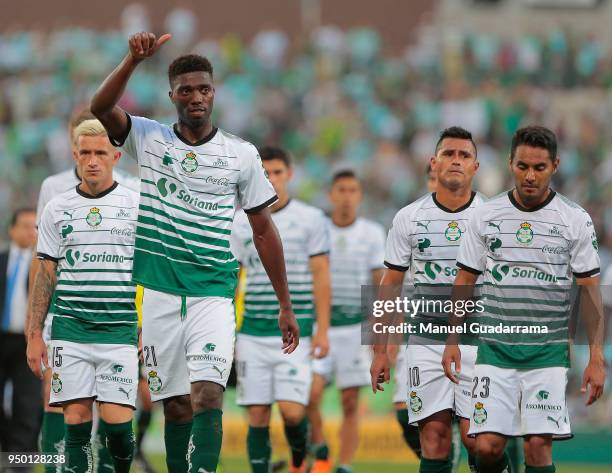 Djaniny Tavares of Santos greets fans after the 16th round match between Santos Laguna and Pumas UNAM as part of the Torneo Clausura 2018 Liga MX at...