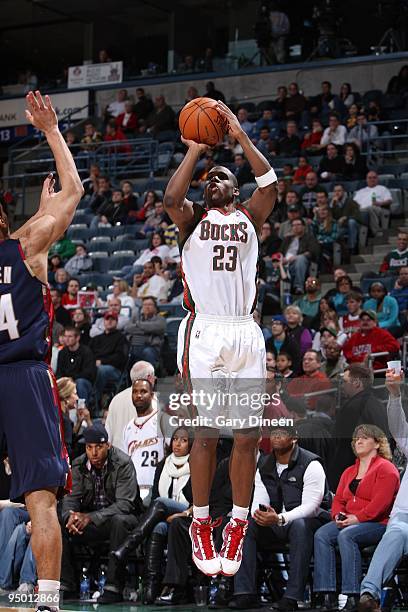 Jodie Meeks of the Milwaukee Bucks shoots a jump shot during the game against the Cleveland Cavaliers at the Bradley Center on December 6, 2009 in...