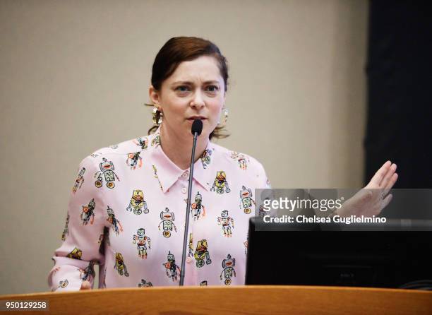 Actor/writer Rachel Bloom speaks at Teen Line 2018 Food For Thought Brunch hosted by Rachel Bloom at UCLA Carnesale Commons on April 22, 2018 in Los...