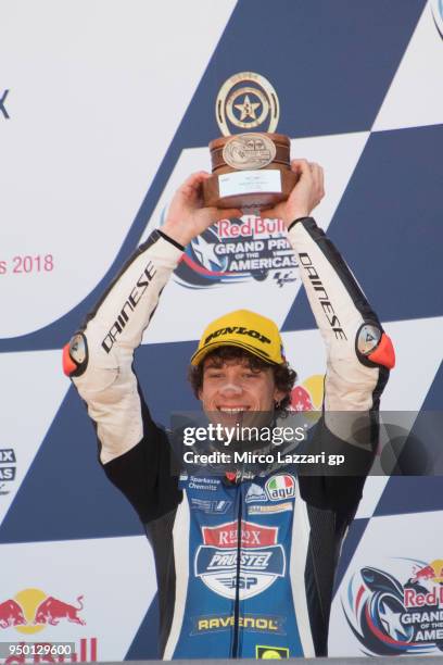 Marco Bezzecchi of Italy and Pruestel GP KTM celebrates the Moto3 third place on the podium at the end of the Moto3 race during the MotoGp Red Bull...