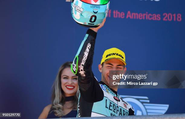 Enea Bastianini of Italy and Leopard Racing celebrates the Moto3 second place on the podium at the end of the Moto3 race during the MotoGp Red Bull...