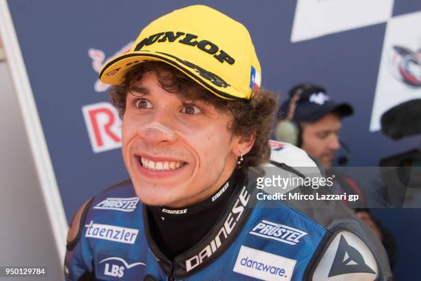 Marco Bezzecchi of Italy and Pruestel GP KTM celebrates the Moto3 third place under the podium at the end of the Moto3 race during the MotoGp Red...