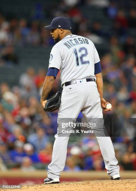 Juan Nicasio of the Seattle Mariners throws in the eight inning against the Texas Rangers at Globe Life Park in Arlington on April 20, 2018 in...