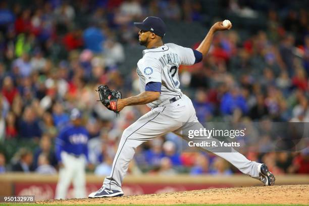 Juan Nicasio of the Seattle Mariners throws in the eight inning against the Texas Rangers at Globe Life Park in Arlington on April 20, 2018 in...
