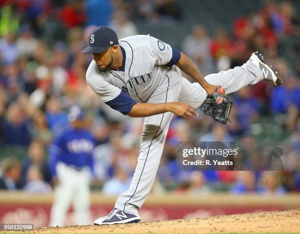 Juan Nicasio of the Seattle Mariners throws in the eight inning against the Texas Rangers at Globe Life Park in Arlington on April 20, 2018 in...