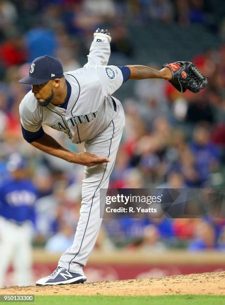 Juan Nicasio of the Seattle Mariners throws in the eight inning against the Texas Rangers at Globe Life Park in Arlington on April 20, 2018 in...