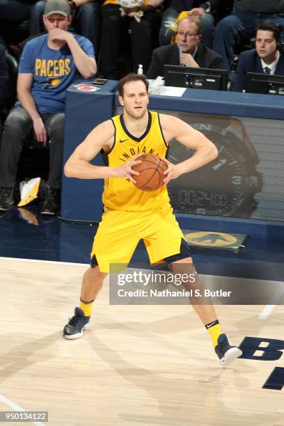 Bojan Bogdanovic of the Indiana Pacers looks to pass the ball against the Cleveland Cavaliers in Game Four of Round One of the 2018 NBA Playoffs on...