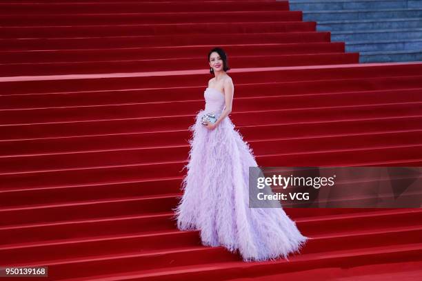 Actress Tong Liya poses on red carpet of the closing ceremony of the 8th Beijing International Film Festival and the Award Ceremony of Tiantan Award...