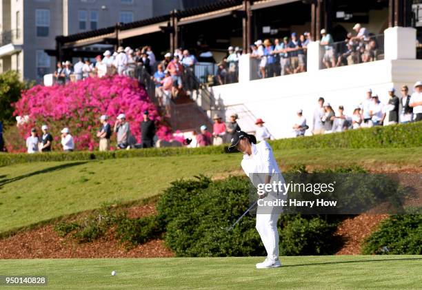 Jin Young Ko of South Korea chips on the 17th green during round four of the Hugel-JTBC LA Open at the Wilshire Country Club on April 22, 2018 in Los...