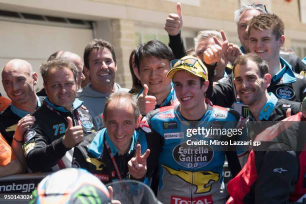 Alex Marquez of Spain and EG 0,0 Marc VDS celebrates the Moto2 second place with team under the podium at the end of the Moto2 race during the MotoGp...