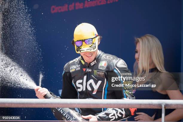 Francesco Bagnaia of Italy and Sky Racing Team VR46 celebrates the Moto2 victory on the podium at the end of the Moto2 race during the MotoGp Red...