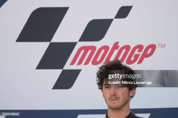 Francesco Bagnaia of Italy and Sky Racing Team VR46 celebrates the Moto2 victory on the podium at the end of the Moto2 race during the MotoGp Red...