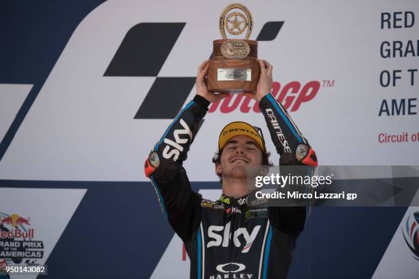 Francesco Bagnaia of Italy and Sky Racing Team VR46 celebrates the Moto2 victory on the podium at the end of the Moto2 race during the MotoGp Red...