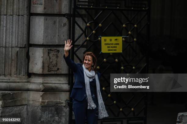 Margarita Zavala, Independent party presidential candidate, waves as she arrives for the first presidential debate in Mexico City, Mexico, on Sunday,...