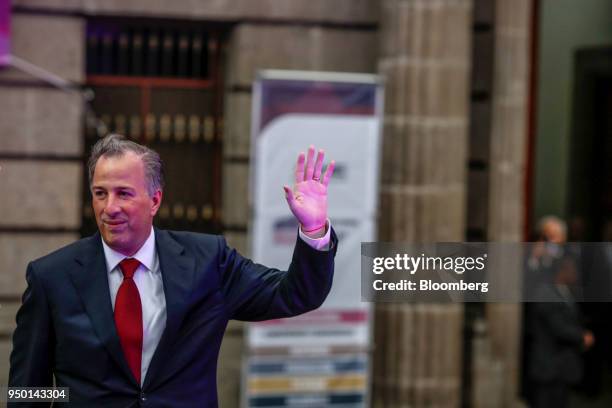 Jose Antonio Meade, presidential candidate of the Institutional Revolutionary Party , waves as he arrives for the first presidential debate in Mexico...