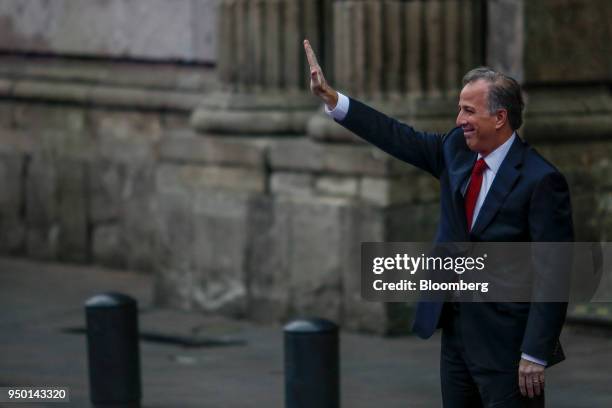 Jose Antonio Meade, presidential candidate of the Institutional Revolutionary Party , waves as he arrives for the first presidential debate in Mexico...