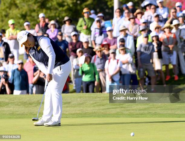 Inbee Park of South Korea putts on the 17th green during the Hugel-JTBC LA Open at the Wilshire Country Club on April 22, 2018 in Los Angeles,...