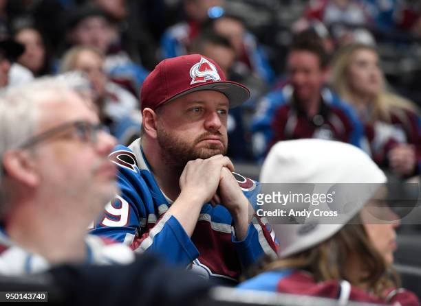 An unhappy Colorado Avalanche fan late in the game against the Nashville Predators in the third period during game 6 of round one of the Stanley Cup...