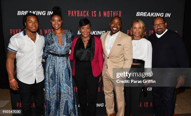 Devonta Freeman, Gabrielle Union, Keisha Lance Bottoms, Will Packer, Heather Packer Packer and Frank Ski attend "Breaking In" Atlanta Private...