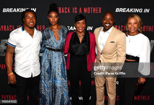 Devonta Freeman, Gabrielle Union, Keisha Lance Bottoms, Will Packer, and Heather Packer Packer attend "Breaking In" Atlanta Private Screening at...