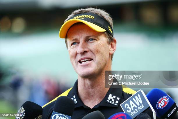 Tigers head coach Damien Hardwick speaks to media during an Melbourne Demons and Richmond Tigers AFL pre match press conference on April 23, 2018 in...