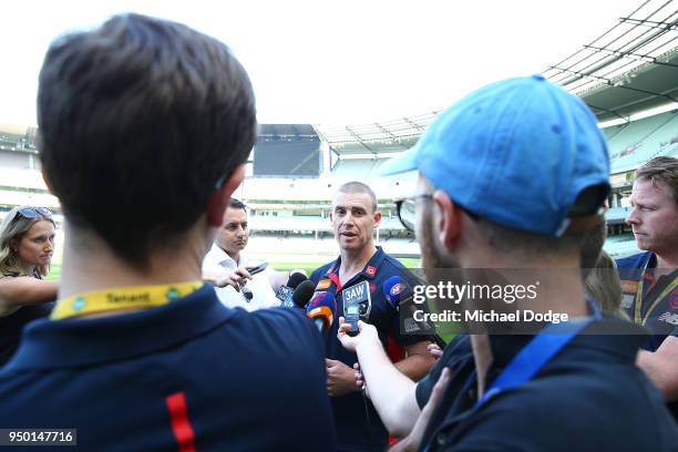 Demons head coach Simon Goodwin speaks to media during an Melbourne Demons and Richmond Tigers AFL pre match press conference on April 23, 2018 in...