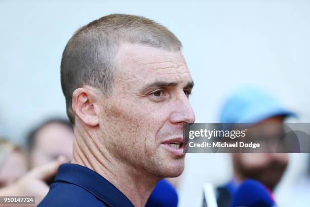 Demons head coach Simon Goodwin speaks to media during an Melbourne Demons and Richmond Tigers AFL pre match press conference on April 23, 2018 in...