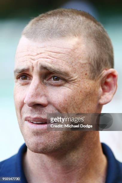 Demons head coach Simon Goodwin speaks to media during an Melbourne Demons and Richmond Tigers AFL pre match press conference on April 23, 2018 in...