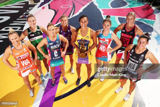 Captains Kimberlee Green of Giants Netball, Courtney Bruce of the West Coast Fever, Kate Maloney of the Melbourne Vixens, Gabi Simpson of the...