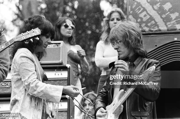 Grace Slick and Paul Kantner of Jefferson Airplane onstage at Golden Gate Park in 1975 in San Francisco, California.