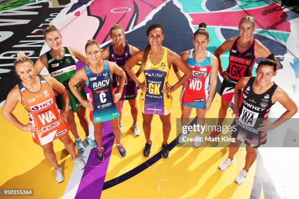 Captains Kimberlee Green of Giants Netball, Courtney Bruce of the West Coast Fever, Kate Maloney of the Melbourne Vixens, Gabi Simpson of the...