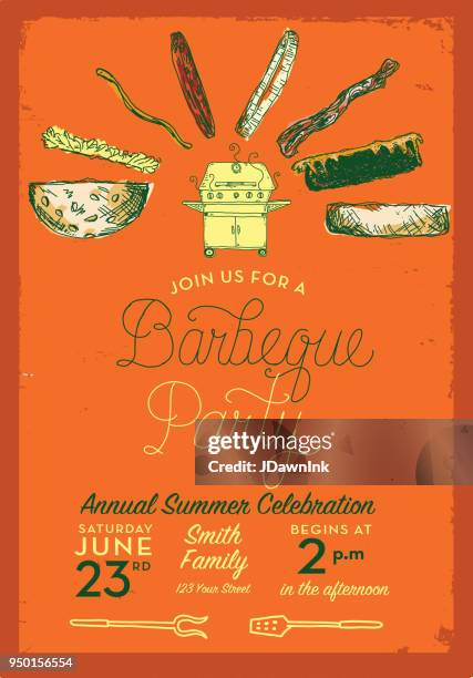 bbq party invitation design template with hand lettered text - lettered stock illustrations