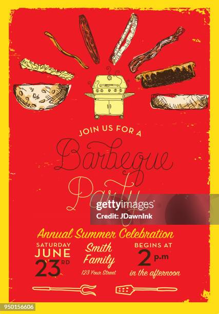 bbq party invitation design template with hand lettered text - lettered stock illustrations