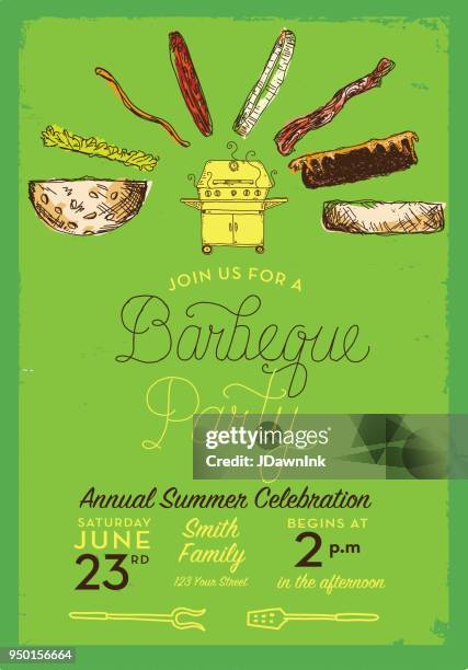 bbq party invitation design template with hand lettered text - lettered stock illustrations