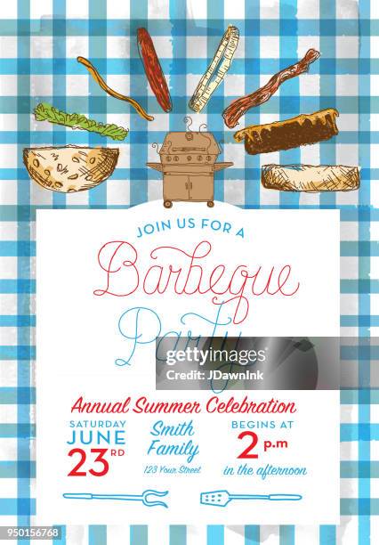 bbq party invitation design template with hand lettered text - lettered stock illustrations