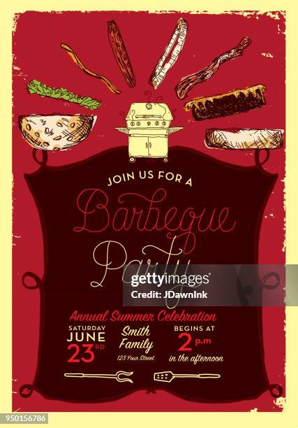 bbq party invitation design template with hand lettered text - lettered stock illustrations