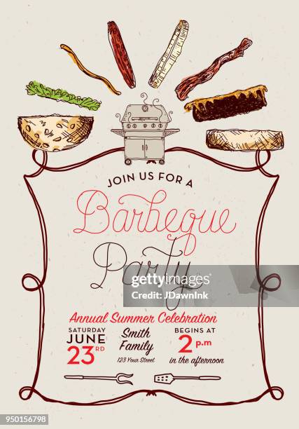 bbq party invitation design template with hand lettered text - lettered stock illustrations