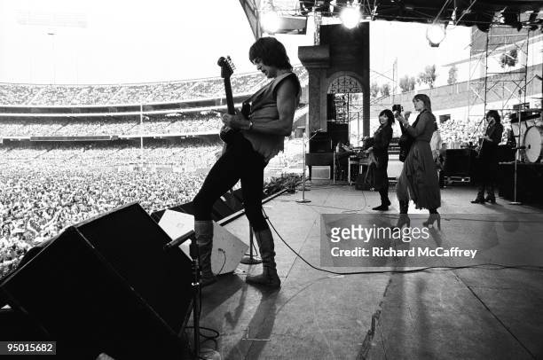 Roger Fisher, Ann Wilson, Nancy Wilson and Steve Fossen of Heart perform live at The Oakland Coliseum in 1977 in Oakland, California.