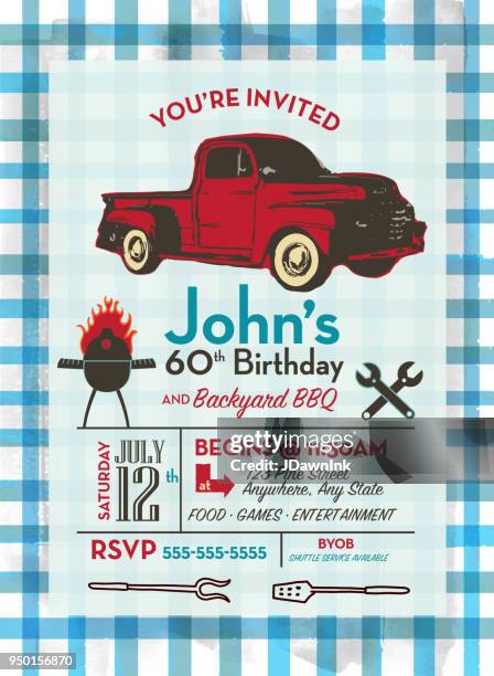 men's birthday bbq party invitation design template with hand lettered text - lettered stock illustrations