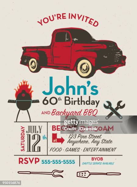 men's birthday bbq party invitation design template with hand lettered text - lettered stock illustrations