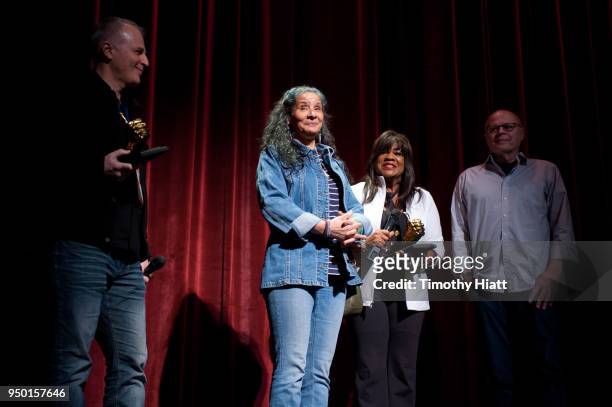 Alfonso Maiorana, Pura Fe, Chaz Ebert, and Nate Kohn attend Day 5 of the Roger Ebert Film Festival at the Virginia Theatre on April 22, 2018 in...