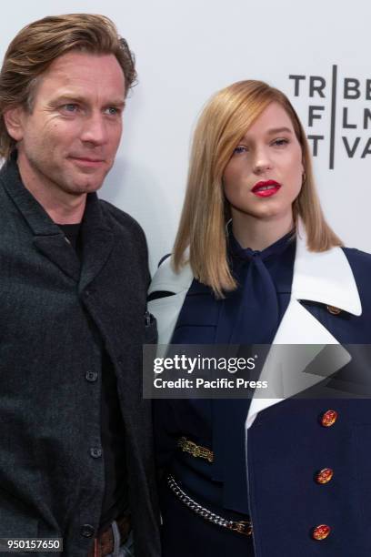 Ewan McGregor and Lea Seydoux wearing dress by Louis Vuitton attend premiere of Zoe at Tribeca Film Festival at BMCC.