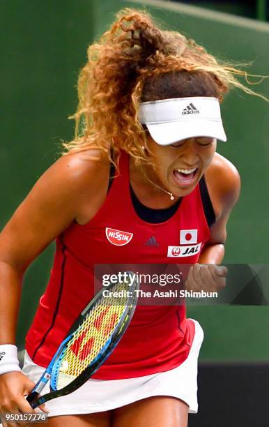 Naomi Osaka of Japan reacts during the match against Heather Watson of Great Britain during day one of the Fed Cup World Group II Play-Off between...