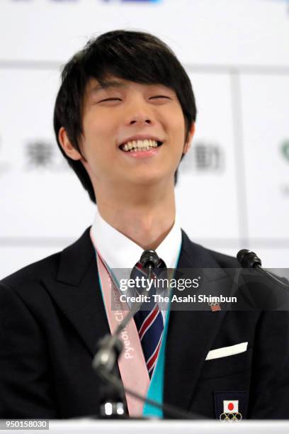 Sochi and PyeongChang Winter Olympic Games Figure Skating Men's Single gold medalist Yuzuru Hanyu attends a press conference after the parade on...