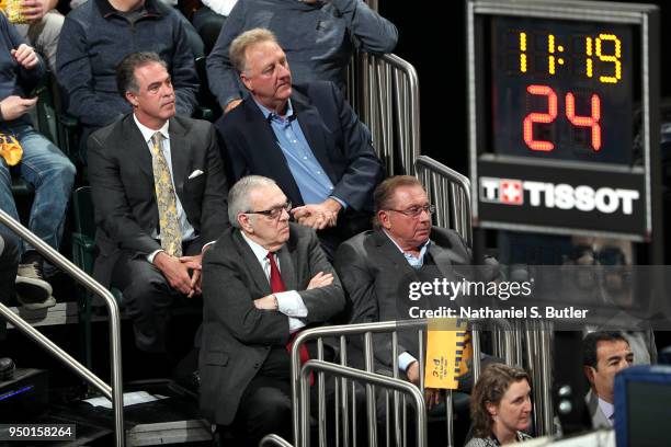 Herb Simon. Donnie Walsh, Larry Bird, and Kevin Pritchard watch the game between the Cleveland Cavaliers and the Indiana Pacers in Game Four of Round...